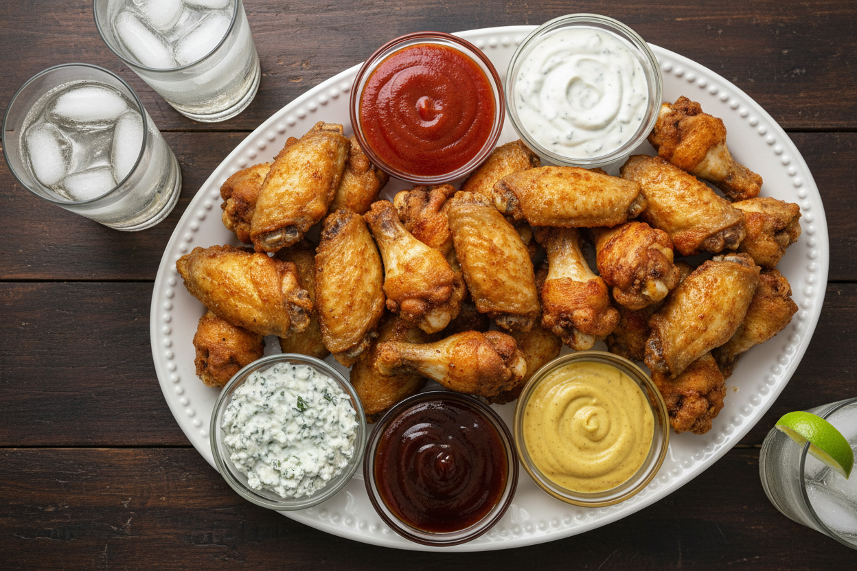 a full size party tray of deep fried wings with sauces and drinks