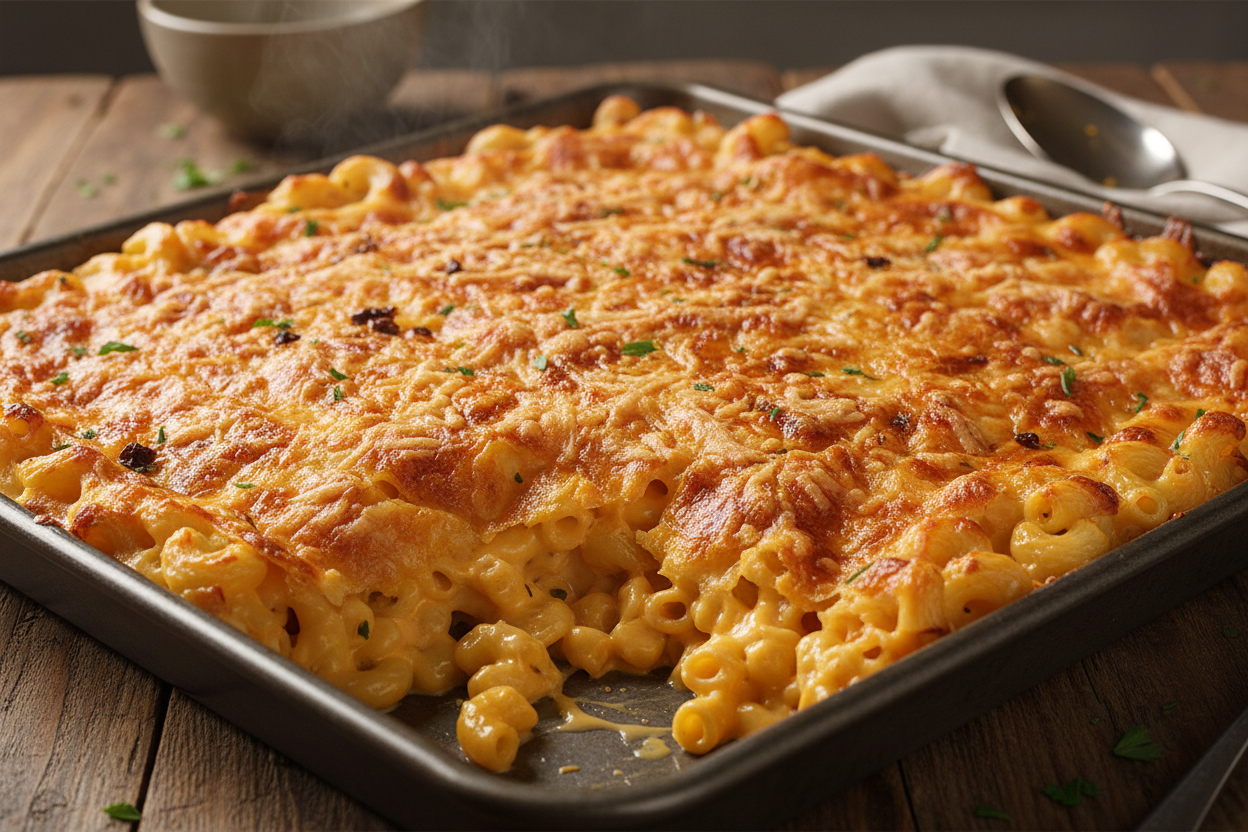 full tray of baked southern style mac and cheese