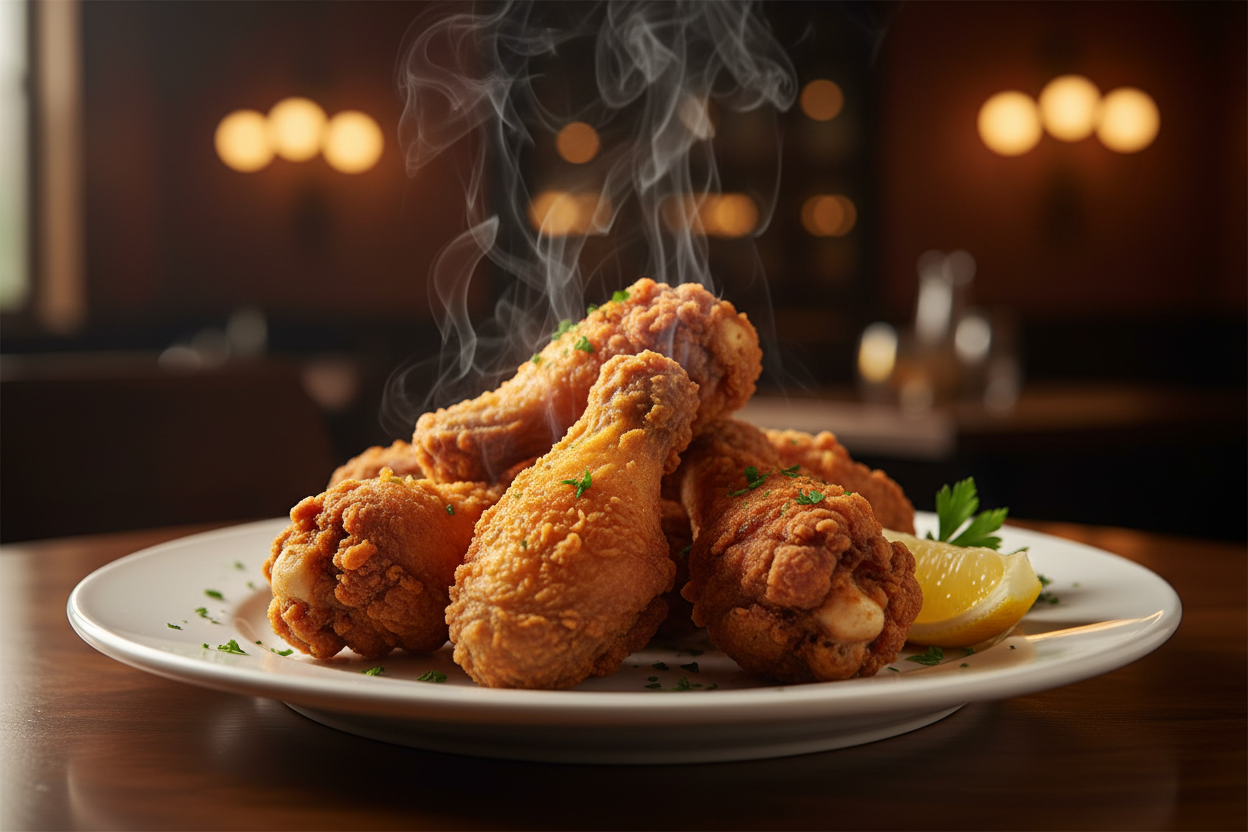 Generate a plate of deep fried golden southern style hand breaded wings