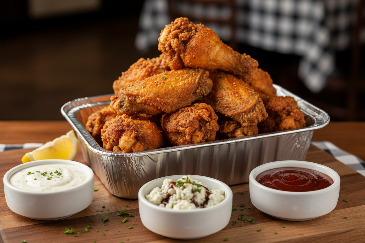 half tray size of golden wings with dipping sauces
