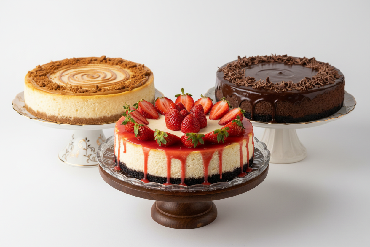 make it a picture of 3 whole cheese cakes. add a stawberry and chocolate one