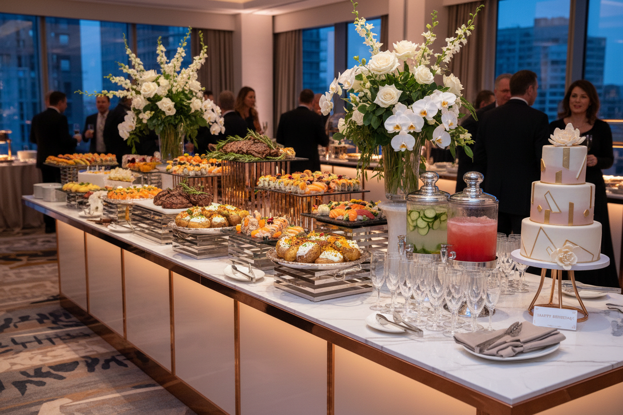 nice but larger spread and less finger food. lets keep the sushi and cake and add steak and loaded baked potatoes, fancy drink fountain etc