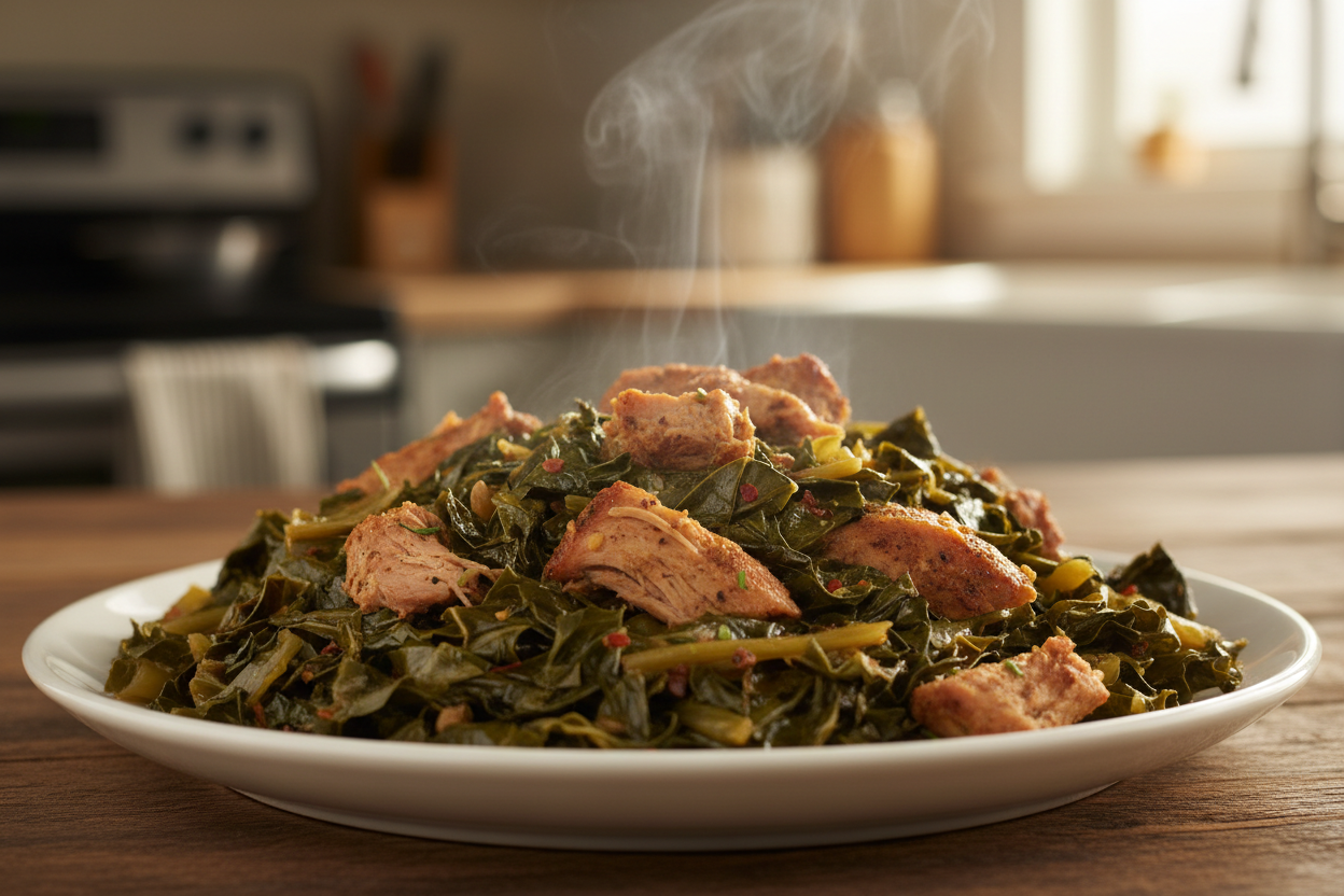 plate of collard greens with turkey pieces